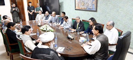 Islamabad, 02.10.2026: Speaker National Assembly Sardar Ayaz Sadiq chairing the meeting of Government and Opposition representatives. Federal Ministers, Senators and Members of the National Assembly are also present on the occasion at Parliament Hous